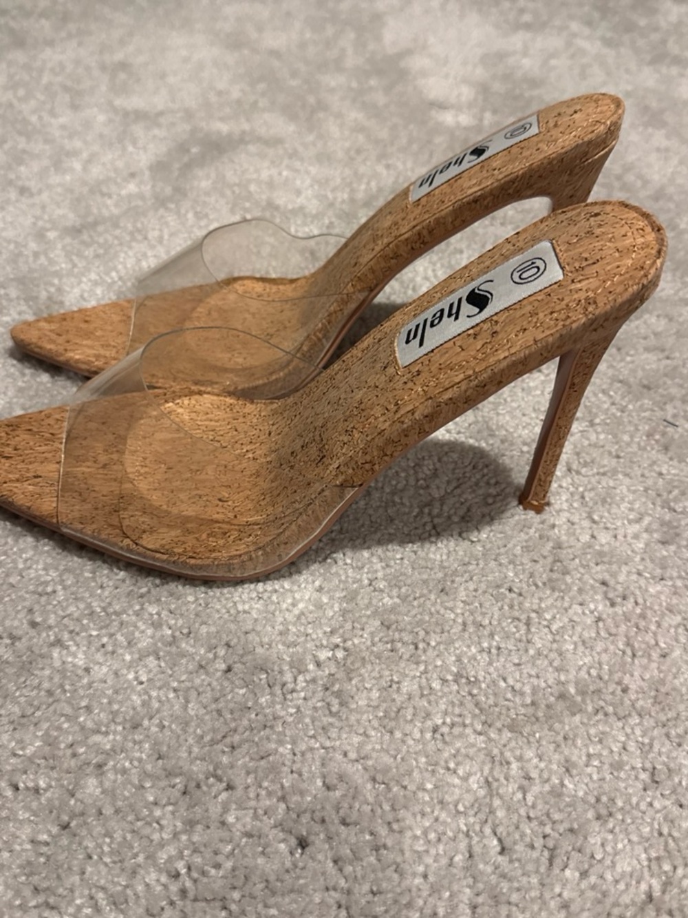 SHEIN Cork-Textured Clear Strap Stiletto Mules - Brown/Clear